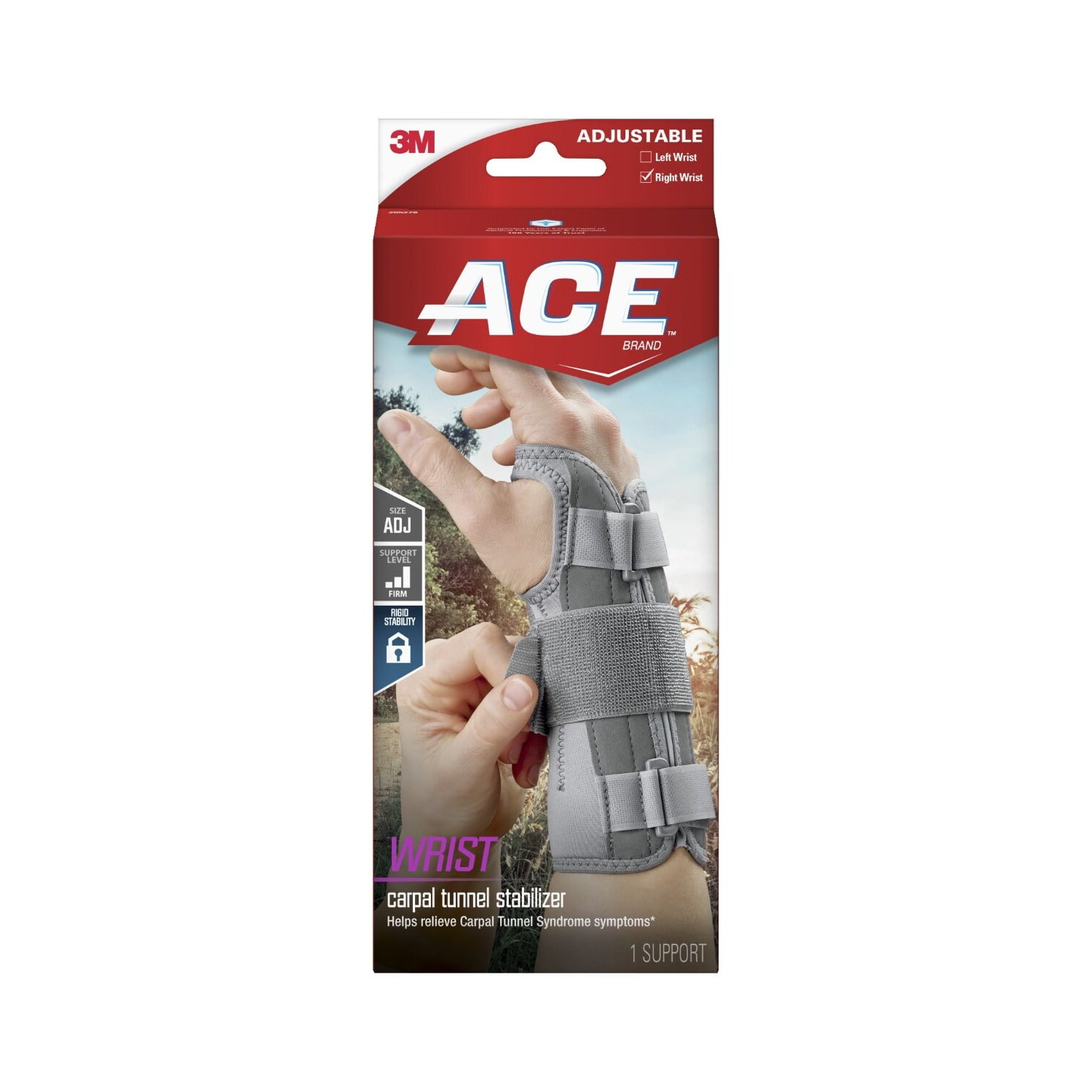ACE Brand Carpal Tunnel Wrist Stabilizer, Right Wrist, Firm Stability, All Day Wear, 1 Support