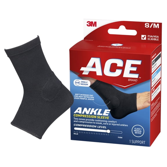 ACE Brand Compression Ankle Support, Black, Small/Medium, 1 Support