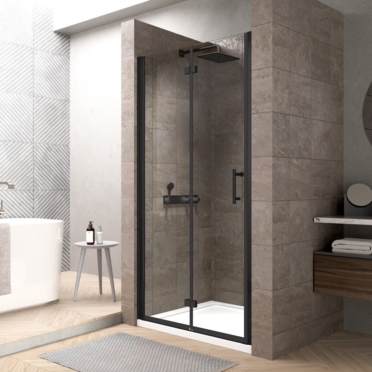 ACE DECOR 32" W x 72" H Frameless Bifold Shower Door, 1/4" (6mm) Clear SGCC Tempered Glass Shower Door, Pivot Swing Shower Glass Door in Matte Black Finish, Reversible Installation