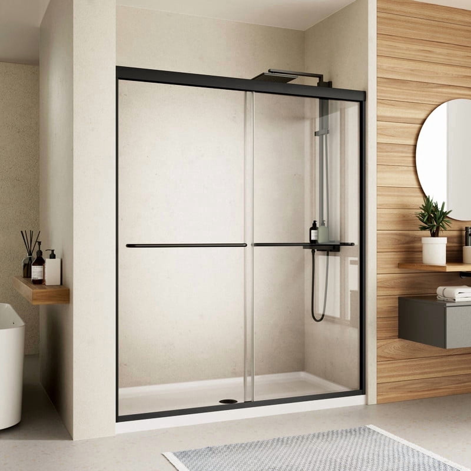 ACE DECOR 56-60in. W x 70in. H Double Sliding Semi-Frameless Shower Door, with Clear SGCC Tempered Glass, Matte Black Finish