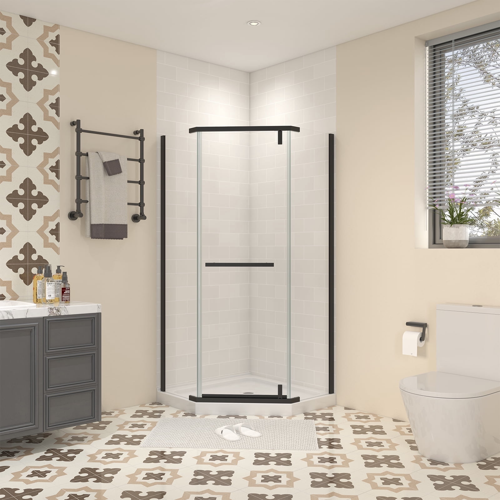 ACE DECOR Corner Shower Enclosure, 1/4 in. Clear Glass Pivot Shower Doors, 35.56" D x 35.56" W x 72" H Frameless Neo-Angle Shower Enclosure, Matte Black Finish