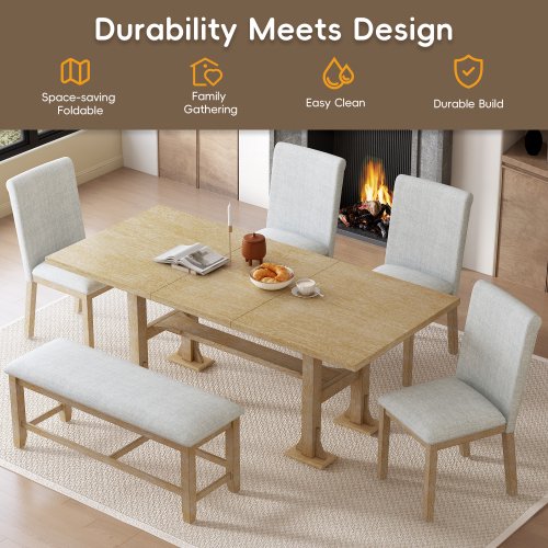 ACE-Dining Room,6 PCS,Farmhouse 58"-76" Extendable Dining Table Set,Trestle Kitchen Table Set with 18" Removable Leaf and Upholstered Dining Chair and Bench supporting 250 LBS(Natural)