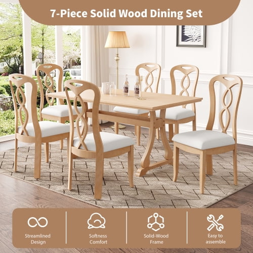 ACE-Dining Room,7 PCS,Trestle Dining Table Set with 6 Upholstered Dining Chairs supporting 250 LBS for Dining Room,Living Room,Kitchen(Natural)