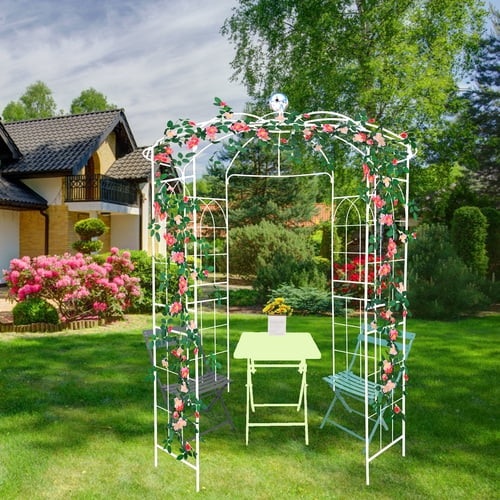 ACE-GARDEN, 1-YEAR-WARRANTY, 81.3"*114.2", Metal Garden Arch Iron Garden Arbors Gazebo High Birdcage Shape Pergola Pavilion for Wedding Ceremony Outdoor(Cream White )