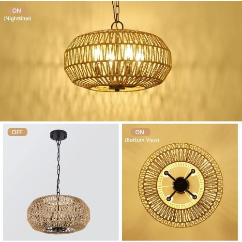ACE-LIGHTS,15.7" Height Adjustable 4-Light Boho Chandelier Light Fixture,Farmhouse Rattan Pendant Lights for Living Room,Bedroom,Dining Room,Kitchen Island,Foyer(Brown)