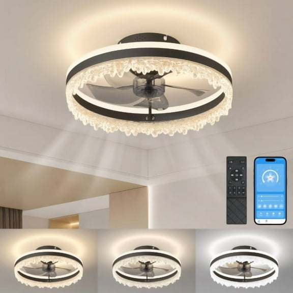 ACE-LIGHTS, 16" Modern Dimmable LED Ceiling Fan with Light(APP & Remote Control) with Invisible Blades,Adjustable Color Temperature for Living Room,Bedroom,Dining Room,Study Room,Office(Black)