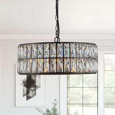 ACE-LIGHTS,17.7 Inch 6-Light Modern Crystal Drum Chandelier(Bulbs Not Included),Pendant Lighting Fixture with Black Metal Frame for Living Room,Dining Room,Bedroom,Kitchen Islands(Black)