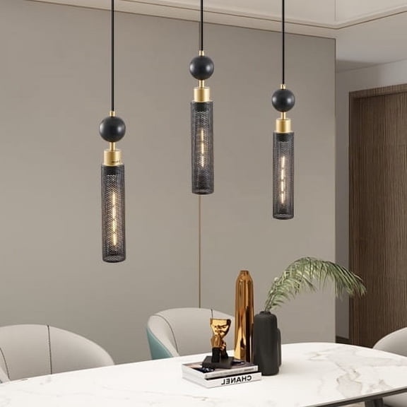 ACE-LIGHTS,3-Light Modern Black and Gold Pendant Chandelier(Bulb Not Included),Adjustable Hanging Lights with Cylindrical Mesh Shades,E26 Base for Dining Room,Living Room,Bedroom,Kitchen Island(Black)