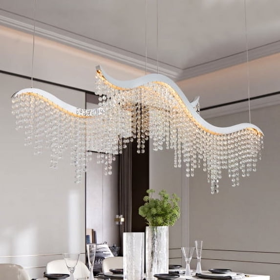 ACE-LIGHTS,36.2-inch,3360 Lumen,Height Adjustable Wave Shaped Crystal Chandelier with Stainless Steel Base & K9 Crystal,Luxury Modern Pendant Light,Fancy Hanging Ceiling Lamps(Chrome)