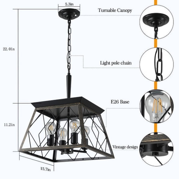 ACE-LIGHTS,4-Light Height Adjustable Farmhouse Chandeliers Ceiling Light(Bulbs Not Included) for Living Room,Bedroom,Dining Room,Kitchen Island(Golden Black)