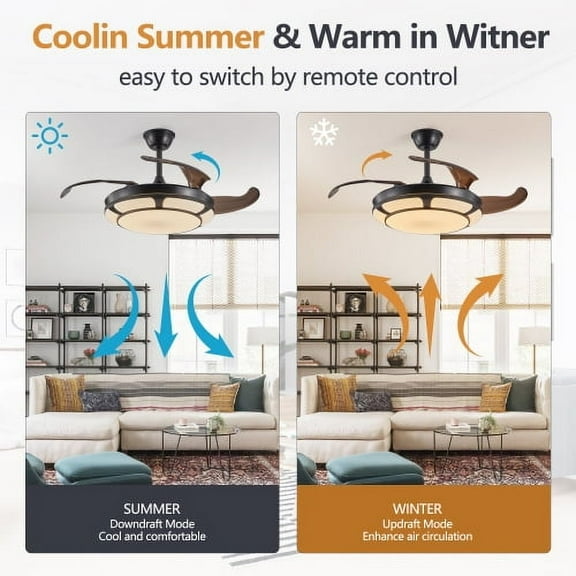 ACE-LIGHTS,42 Inch Retractable Fan With LED Fixtures,Modern Minimalist Invisible Ceiling Fan Light For Living Room,Bedroom,Dining Room,Kitchen(Black)
