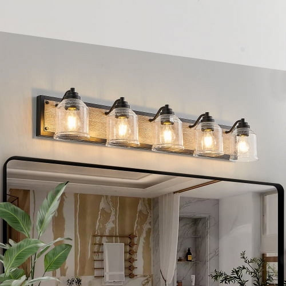 ACE-LIGHTS,5-Light Farmhouse Vanity Light Fixture,Bathroom Wall Sconce(Bulb Not Included) with Clear Seeded Glass Shades,Modern Industrial Design for Bathroom,Bedroom,Entrance,Passage(Black)