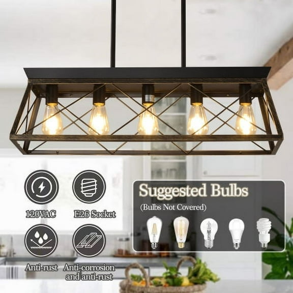 ACE-LIGHTS,5-Light Height Adjustable Farmhouse Chandeliers,Ceiling Light,Modern Rectangular Island Lights(Bulbs Not Included) for Living Room,Dining Room,Kitchen,Tool Room,Garage(Golden Black)