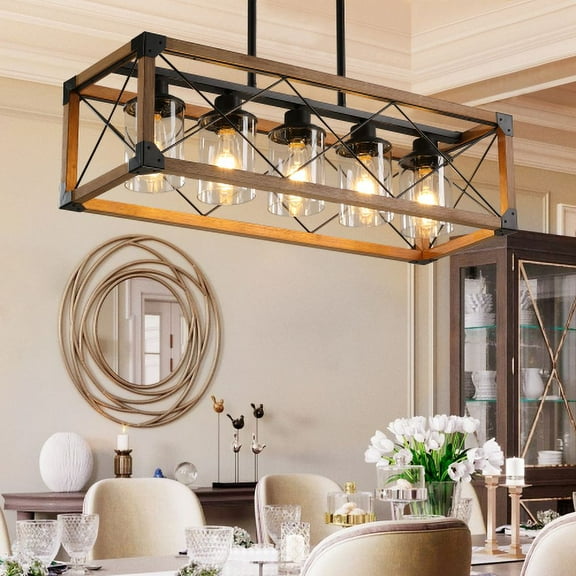 ACE-LIGHTS,5-Light Height Adjustable Retro Farmhouse Chandeliers Ceiling Light with Glass Lampshade(Bulbs Not Included) for Living Room,Dining Room,Kitchen,Entrances,Farmhouses,Restaurants(Walnut)