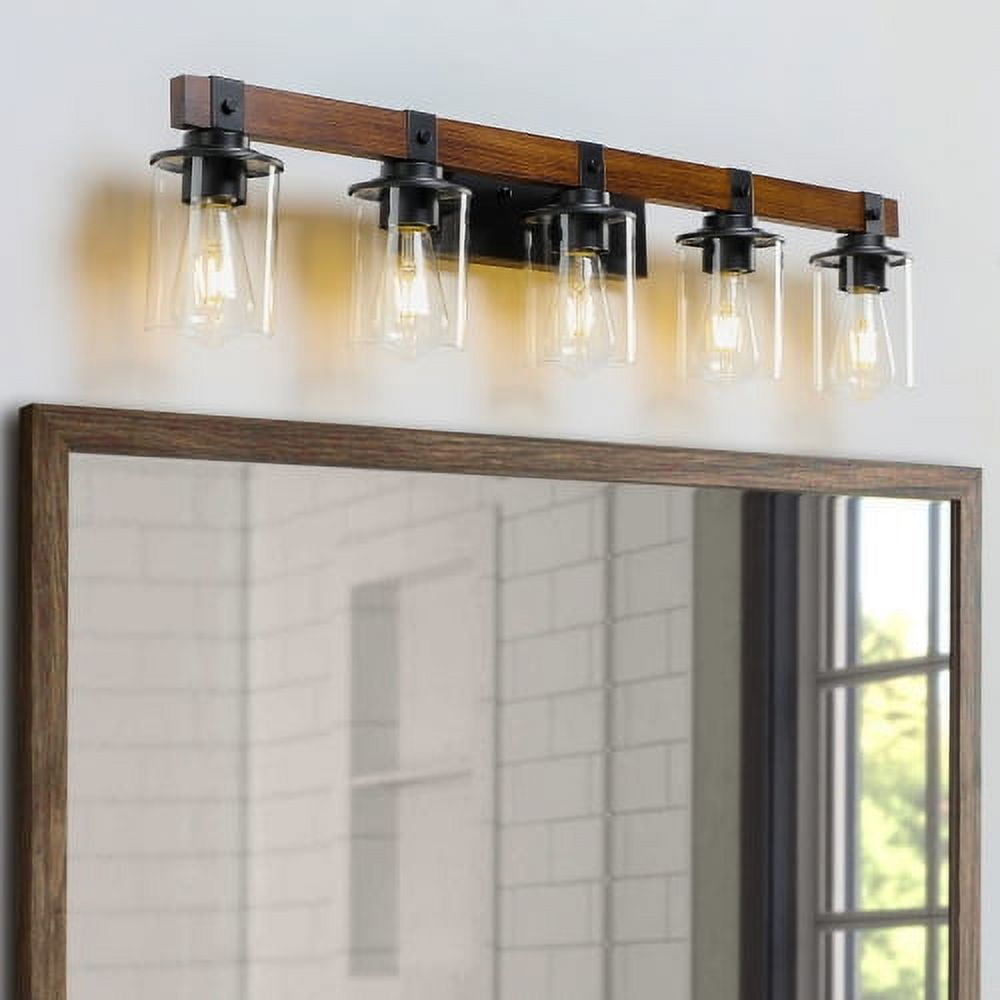 ACE-LIGHTS,5-Lights Farmhouse Rustic Bathroom Light Fixture with Glass Lampshade(Bulbs Not Included),Vanity Lights Fixture for Bathroom,Dressing Room,Bedroom,Living Room(Black)
