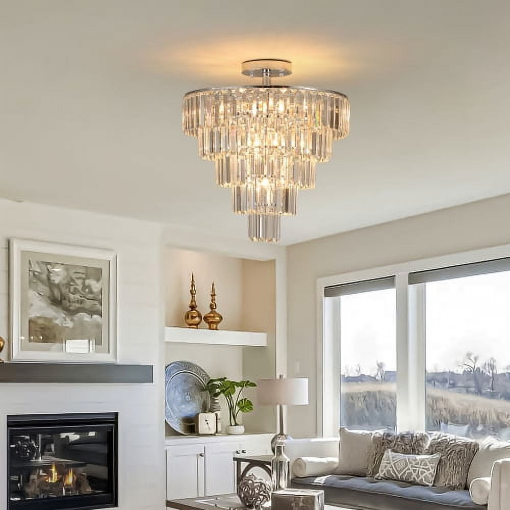 ACE-LIGHTS,5-Tier Chrome Crystal Semi Flush Mount Chandelier Light Fixture,Large Contemporary Luxury Ceiling Lighting for Living Room,Bedroom,Dining Room,Hallway,Restaurants,Holels,Bars(Chrome)
