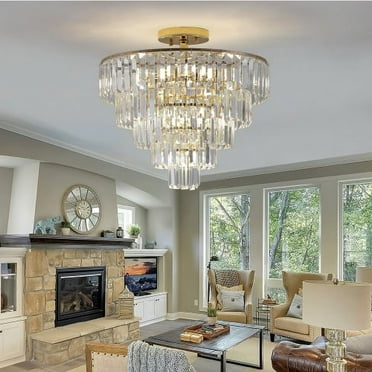 ACE-LIGHTS,5-Tier Golden Crystal Semi Flush Mount Chandelier Light Fixture,Large Contemporary Luxury Ceiling Lighting for Living Room,Bedroom,Dining Room,Hallway,Restaurants,Holels,Bars(Golden)