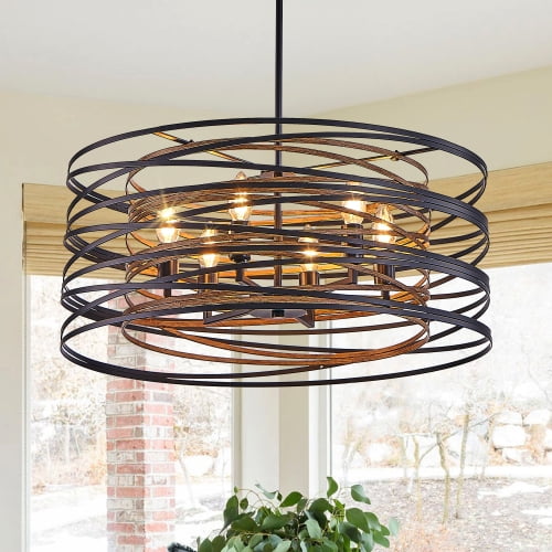 ACE-LIGHTS,6-Light 24" Rustic Industrial Pendant Light(Bulbs Not Included),Metal Cage Chandelier with Wood Accents for Living Room,Dining Room,Kitchen Island(Walnut+black)