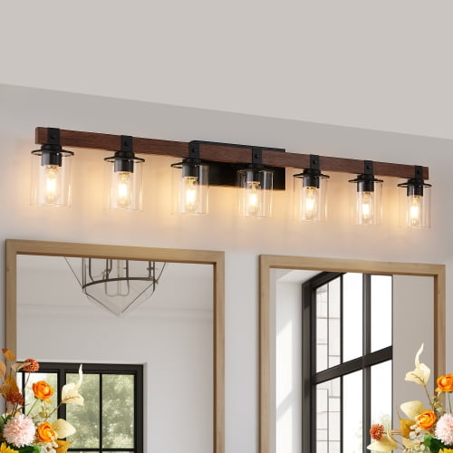 ACE-LIGHTS,7-Lights Farmhouse Rustic Bathroom Light Fixture with Glass Lampshade(Bulbs Not Included),Vanity Lights Fixture for Bathroom,Dressing Room,Bedroom,Living Room(Black)