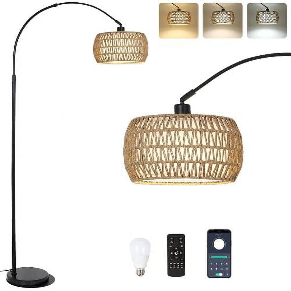 Black Arc Floor Lamp with Hand-Woven Rattan Shade and Remote Control