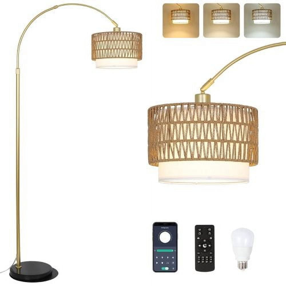 Gold Adjustable Arc Floor Lamp with Rattan Drum Shade