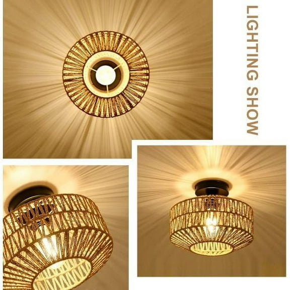 ACE-LIGHTS,Boho Mini Rattan Chandelier Ceiling Light with Dimmable LED Bulb,Flush Mount Hand Woven Ceiling Light Fixtures for Living Room,Bedroom,Kitchen,Entryway,Hallway(Brown)