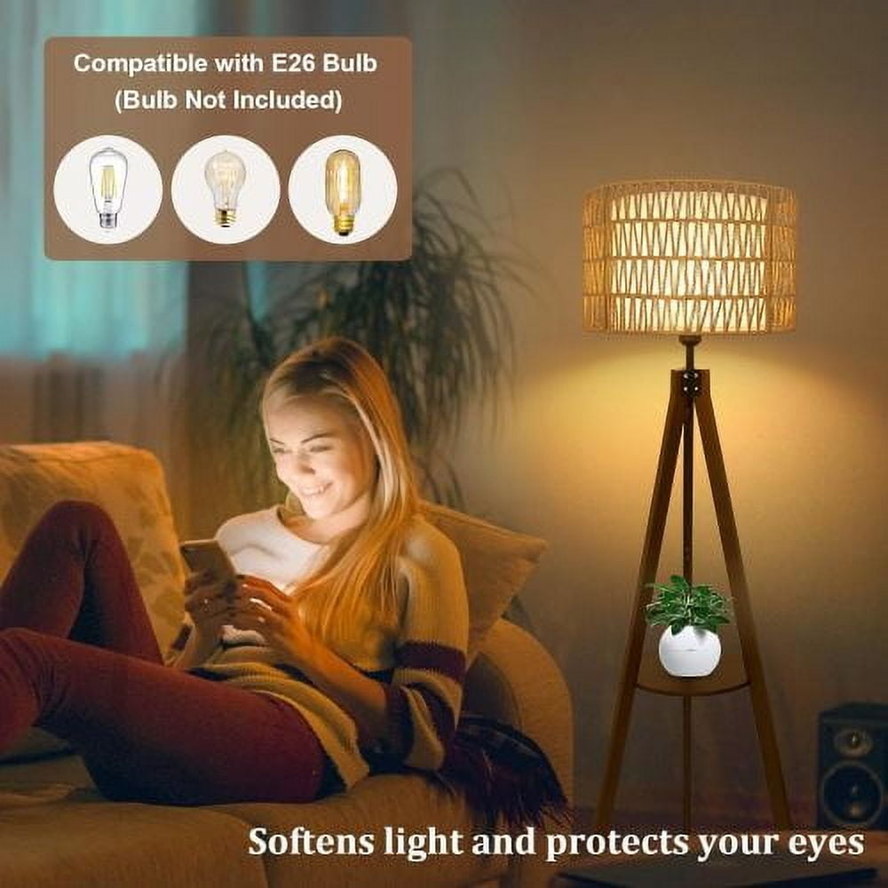 ACE-LIGHTS,Boho Tripod Floor Lamp with Shelves & ON/Off Foot Switch,Mid Century Wood Standing Lamp with Rattan & Fabric Shades,Modern Farmhouse Tall Floor Lamps for Living Room Bedroom Office(Brown)