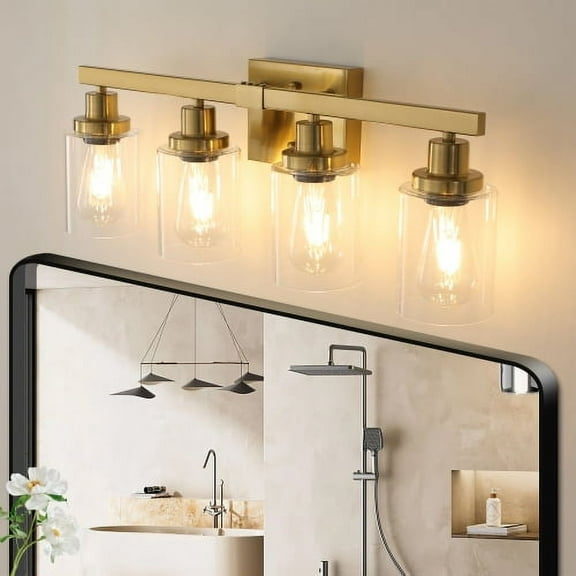 ACE-LIGHTS,Golden 4-Light Vanity Light with Clear Glass Shades(Bulbs Not Included),Bathroom Wall Fixture for Bathroom,Dressing room,Living Room,Bedroom(Golden)