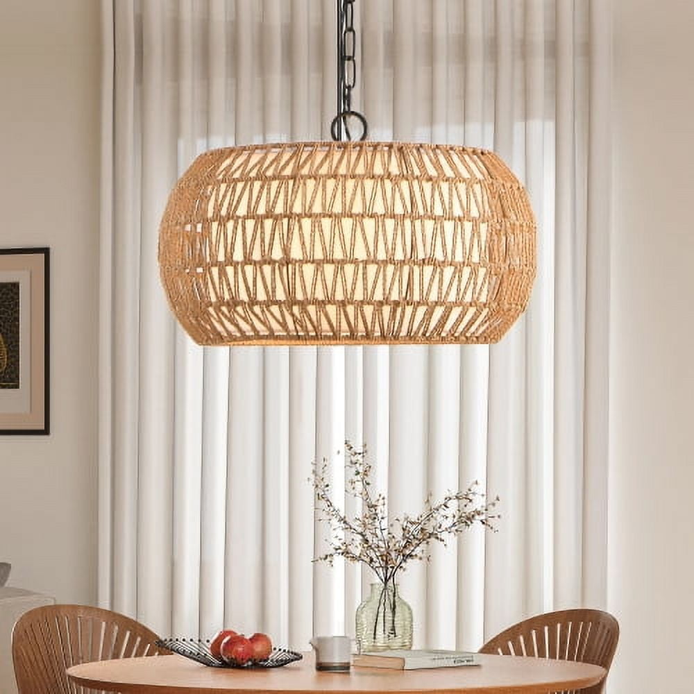 ACE-LIGHTS,Height Adjustable Farmhouse Pendant Light(Bulb Not Included),Boho Woven Jute Rope Hanging Ceiling Light Fixture for Living Room,Dining Room,Bedroom,Kitchen,Entryway(Wood)