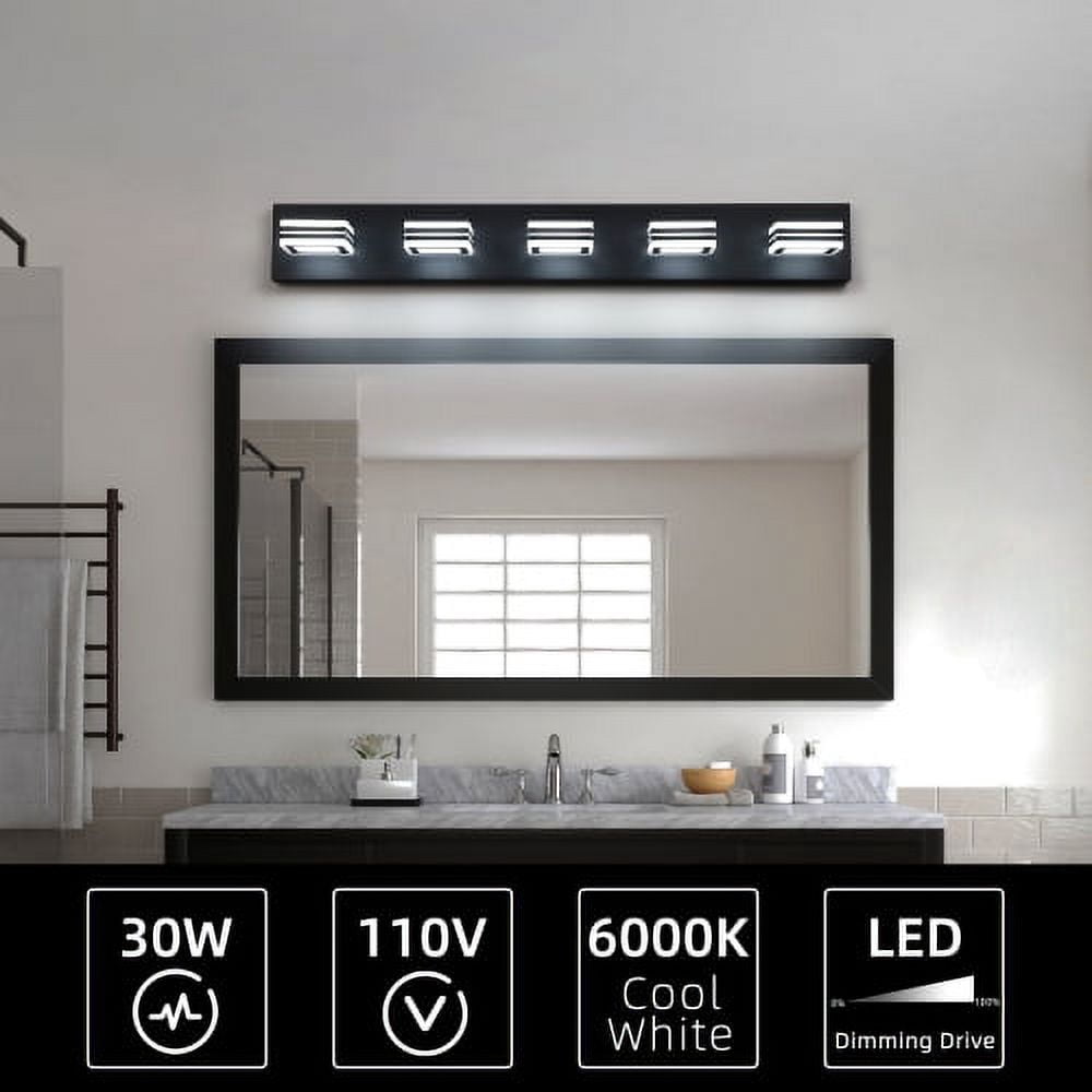 ACE-LIGHTS,Modern 5-Light(6000K) Rotatable & Dimmable LED Vanity Light with Acrylic Shades,Sleek Bathroom Wall Fixture for Bathroom,Dressing Room,Mirror Cabinet,Living Room,Bedroom(Black）