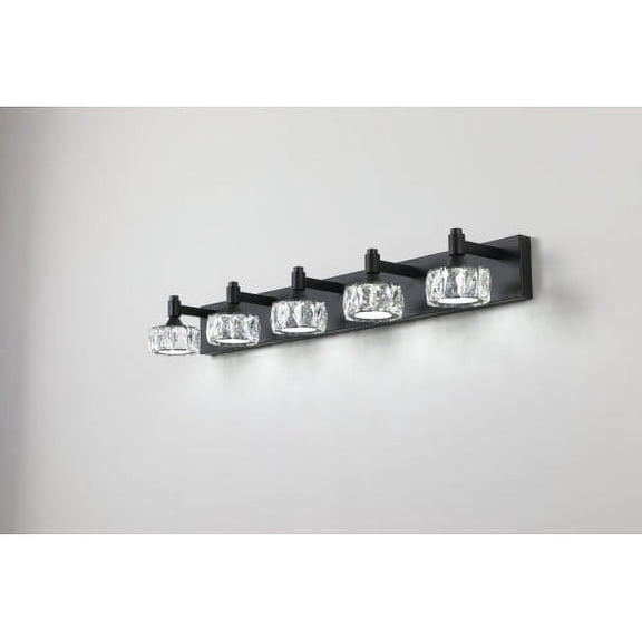 ACE-LIGHTS,Modern 5-Light Dimmable LED Vanity Light with Crystal Glass Shades,Bathroom Wall Sconce for Bathroom,Dressing Room(Matte Black）