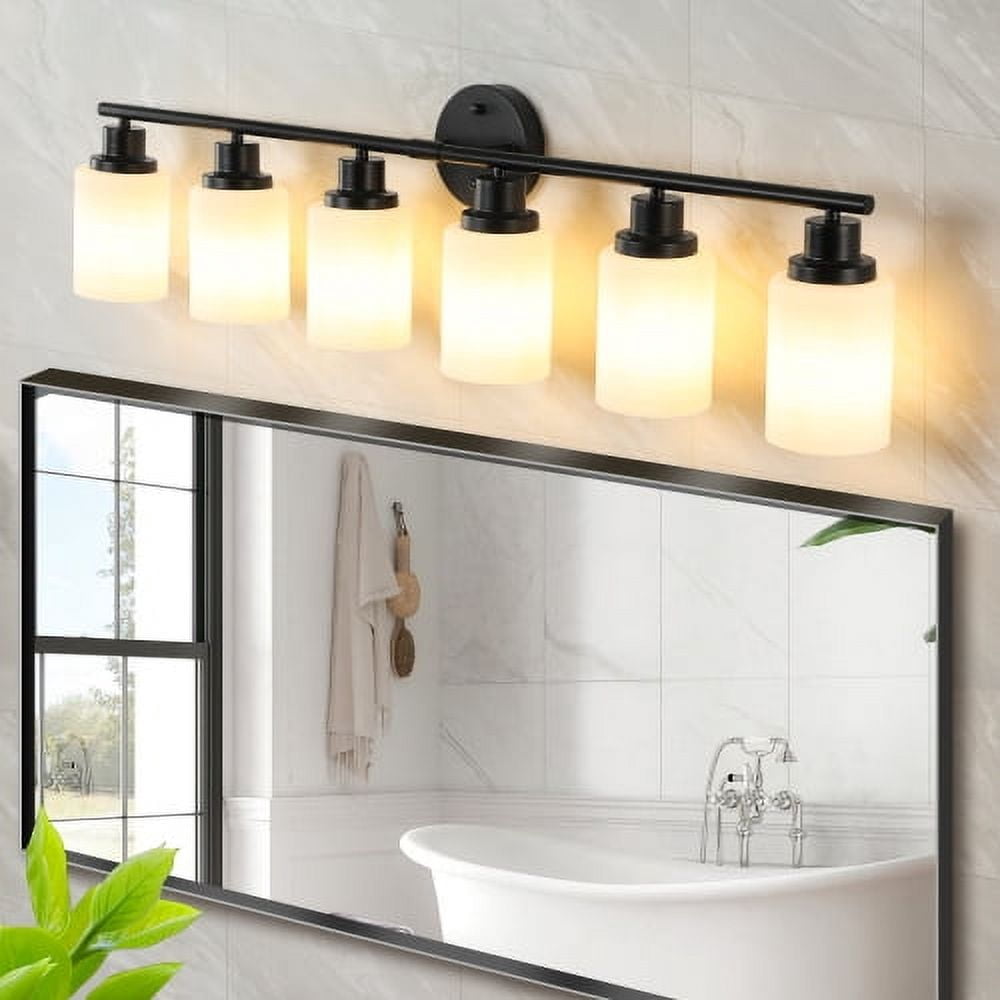 ACE-LIGHTS,Modern 6-Lights Vanity Bathroom Mirror Light with Frosted White Glass(Bulbs Not Included),Contemporary Wall Sconce for Bathroom,Dressing Room,Bedroom,Living Room(Black)