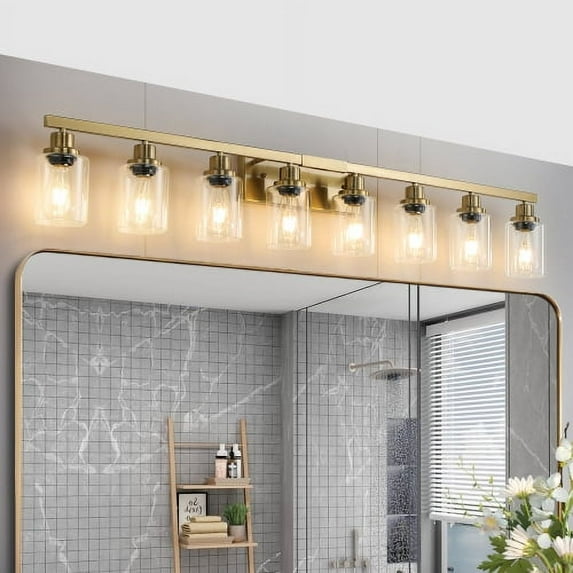 ACE-LIGHTS,Modern 8-Lights Vanity Bathroom Mirror Light with Clear Glass Shades(Bulbs Not Included),Contemporary Wall Sconce for Bathroom,Dressing Room,Bedroom,Living Room(Golden)