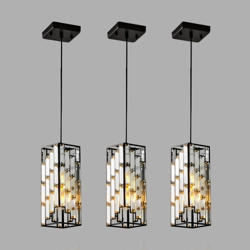 ACE-LIGHTS,Modern Crystal Prism Design Pendant Light Set(3PCS) with Height Adjustable(Bulbs Not Included),Hanging Ceiling Lamp for Dining Room,Kitchen Island,Living Room(Black)