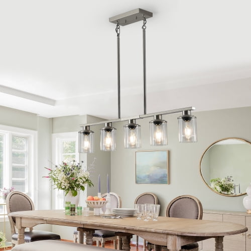 ACE-LIGHTS,Modern Industrial 5-Light Chandelier with Clear Glass Shades(Bulbs Not Included),Hanging Ceiling Light Fixture for Living Room,Dining Room,Kitchen Island(Brushed Nickel)