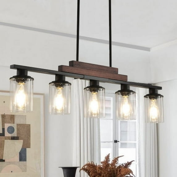 ACE-LIGHTS,Modern Industrial 5-Light Chandelier with Clear Glass Shades(Bulbs Not Included),Hanging Ceiling Light Fixture for Living Room,Dining Room,Kitchen Island(Walnut+black)