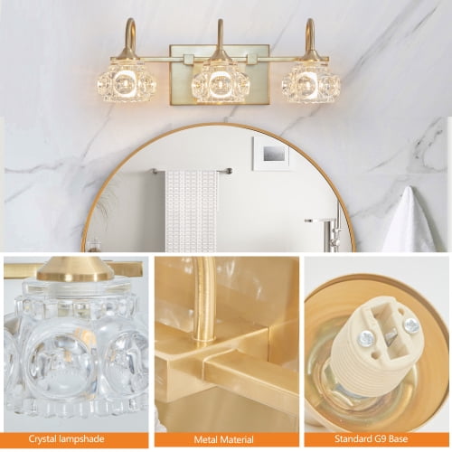 ACE-LIGHTS,Retro 3-Light Bathroom Vanity Light Fixture with Crystal Glass Shades(Bulbs Not Included),Wall Mounted Lighting for Bathroom,Dressing Room,Powder Room and Vanity Mirror(Golden）