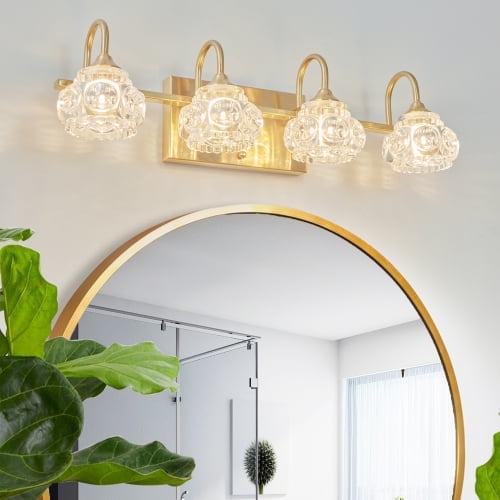 ACE-LIGHTS,Retro 4-Light Bathroom Vanity Light Fixture with Crystal Glass Shades(Bulbs Not Included),Wall Mounted Lighting for Bathroom,Dressing Room,Powder Room and Vanity Mirror(Golden）