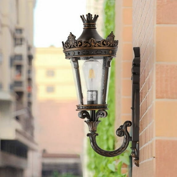 ACE-LIGHTS,Vintage Outdoor Wall Lantern with Crown Top and Clear Glass(1 PC & Bulbs Not Included),Waterproof Exterior Wall Sconce for Patio,Garden,Entryway(Coffee,Golden)