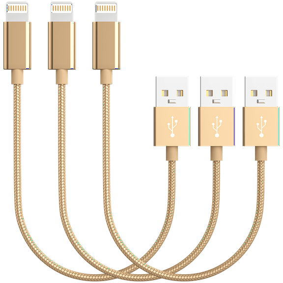 ACE MFI Certified Portable Travel Chargers, 3 Pack Fast Charging 10 inch/25CM Nylon Braided Lightning Cable Cord Compatible with 13/12/11 Pro Max XS XR X 8 7 6S 6 Plus(Gold)