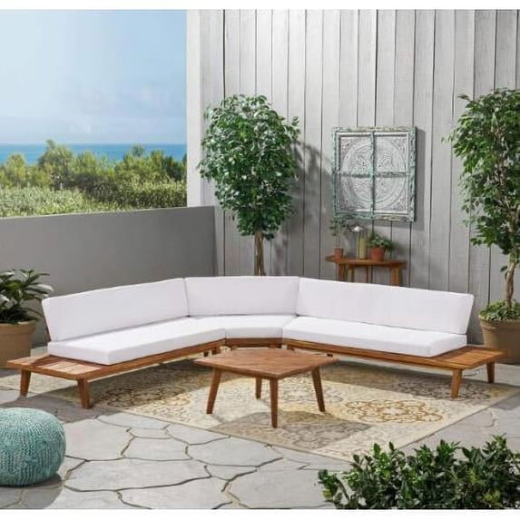 ACE-PATIO,4 PCS,HILLCREST V Shaped Acacia Wood 5 Seater Sectional Sofa Set with Coffee Table & Cushions,for Patio,Backyard,Porch,Garden(White)