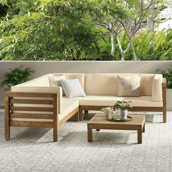 ACE-PATIO, 4 PCS, OANA Outdoor Wooden Sectional Set with Cushions,2 Corner Benches,1 Corner Seat & 1 Table, for Patio, Backyard, Porch, Garden(Beige)