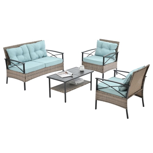 ACE-PATIO,4 PCS,Outdoor Patio Furniture,PE Wicker Rattan Style 4-seater Chat Set with Black Metal Table & Cushions,for Patio,Backyard,Porch,Garden,Poolside(Light Blue)