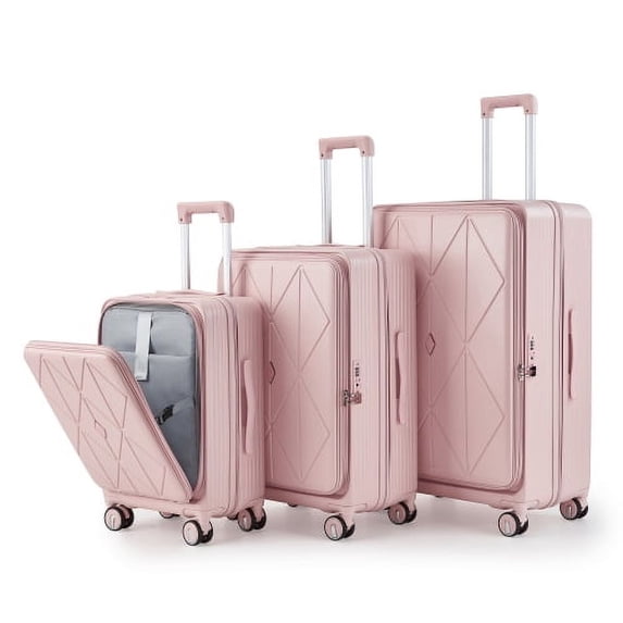 ACE-Travel,20"24"28" PC Hardshell Luggage Sets 3PCS(Lightweight,Durable & Expandable) with Front Pocket,TSA Lock,Telescoping Handle,360°Double Spinner Wheels,Clear PVC Luggage Cover(Pink)