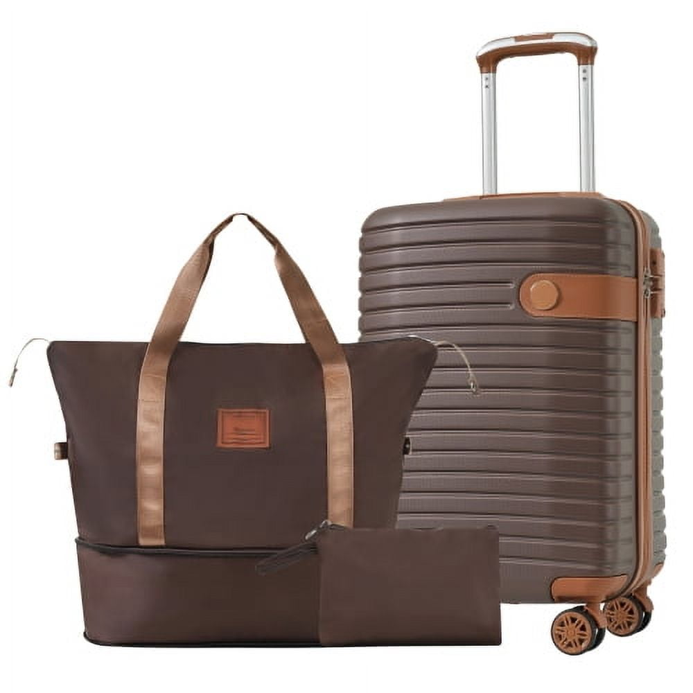 ACE-Travel,20" Carry on Luggage Sets(3PCS) Airline Approved with an Expandable Weekender Bag & a Toiletry Bag,Durable,Lightweight,ABS Hardshell Suitcases with TSA Lock,Wheels,TPE Elastic Handle(Brown)