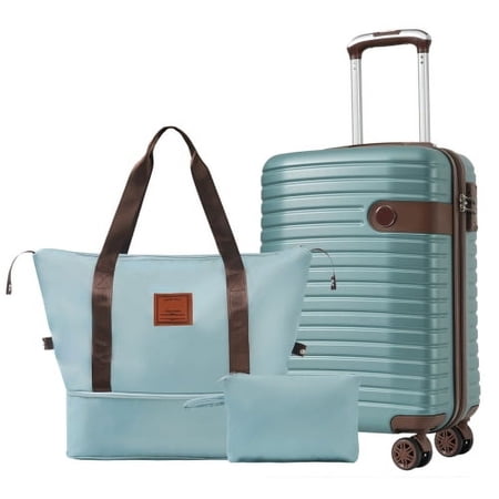ACE-Travel,20" Carry on Luggage Sets(3PCS) Airline Approved with an Expandable Weekender Bag & a Toiletry Bag,Durable,Lightweight,ABS Hardshell Suitcases with TSA Lock,Wheels,TPE Elastic Handle(Blue)
