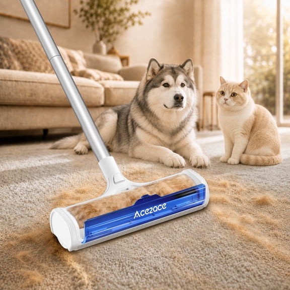 ACE2ACE Pet Hair Remover for Carpet, Reusable Lint Roller, Carpet rake for Pets Hair with Automatic Hair Collection and 5 Feet Long Handle