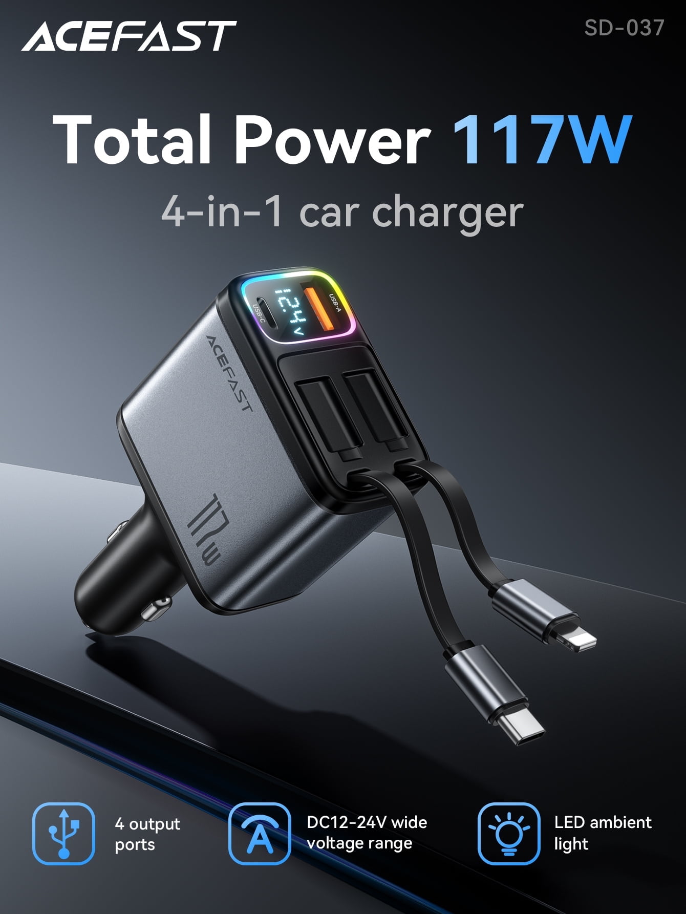 ACEFAST 117W Car Charger Adapter, 4 in 1 Fast Car Phone Charger with Voltage Display & RGB Lights,USB-A /USB-C Port and USB-C & iP Retractable Cables for mobile phones, tablets