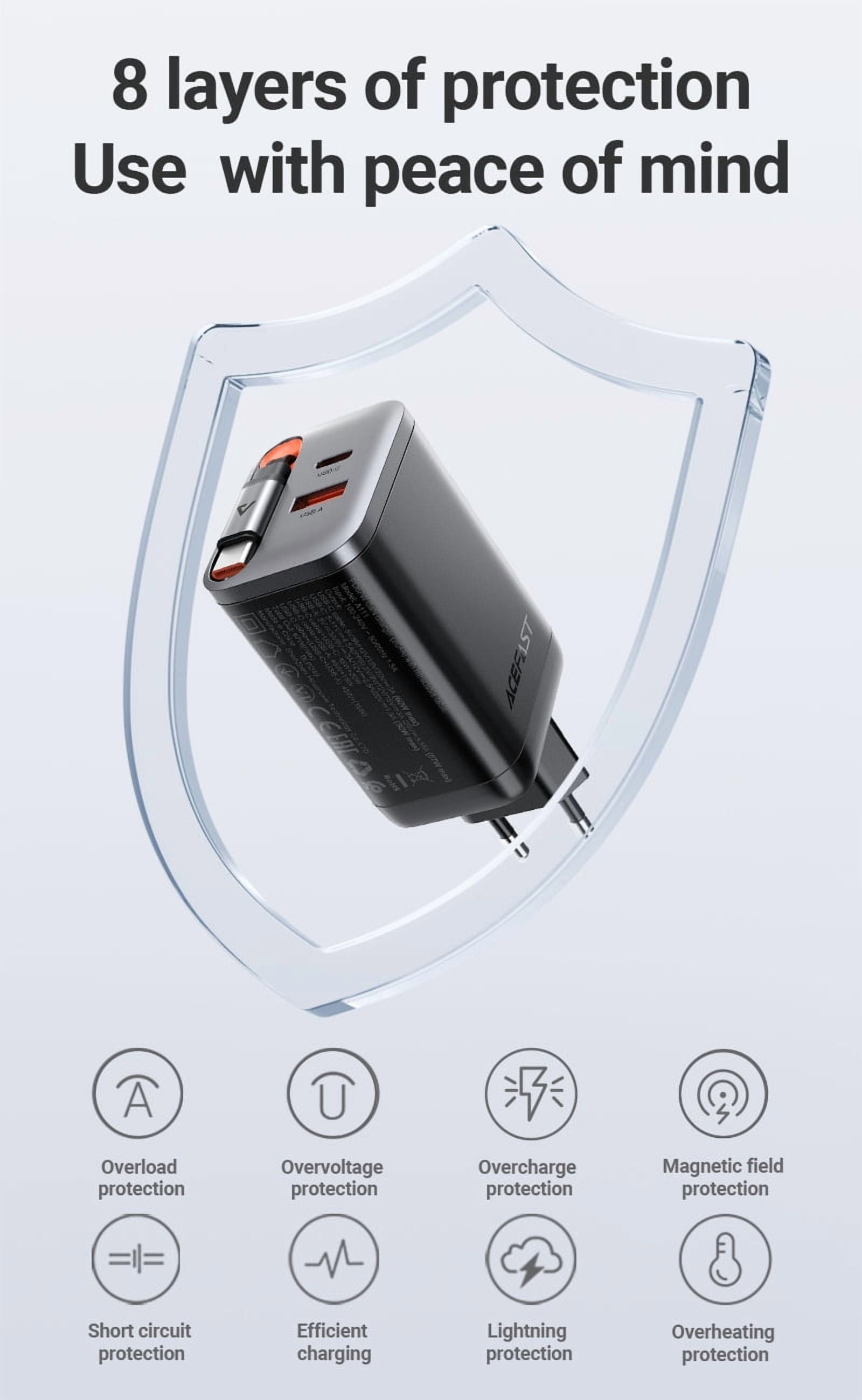ACEFAST 67W GaN Charger (2×USB-C + USB-A) with 65cm Retractable Cable PD FFast Charging for Laptop/Tablet/Phone