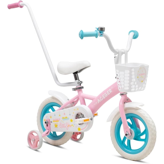 ACEGER 12 Inch Kids Bike with Basket and Push Handle, No Brake, Toddler Bicycle for Boys and Girls Ages 25, Pink & Blue